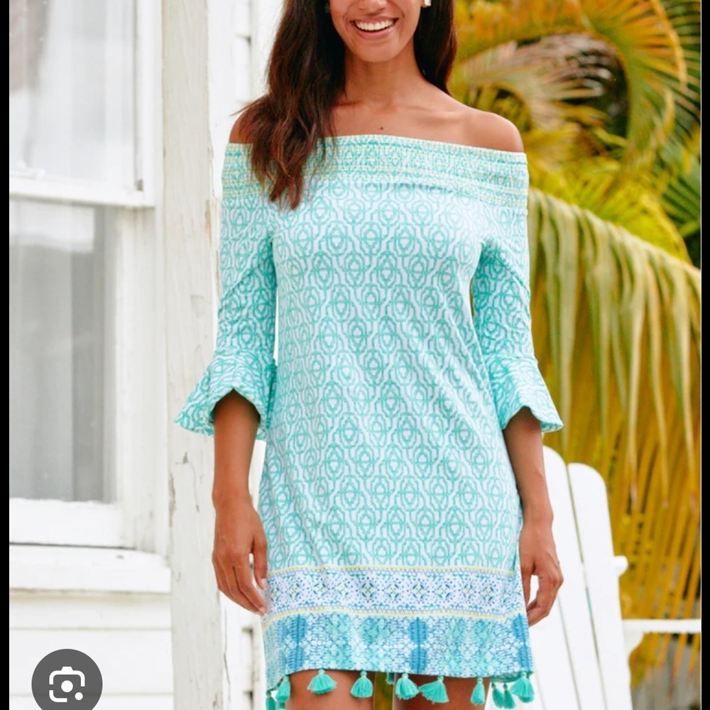 NWT Cabana Life Aqua Yellow White Patterned Dress / Cover-up - Tassel Detail -M